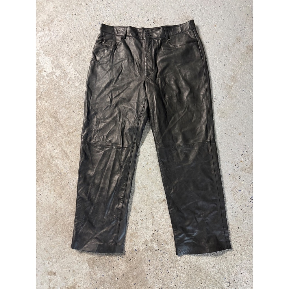 Alfani Mens Black Genuine Leather Straight Leg Pants 36x30L WPL 8046 5-Pocket
